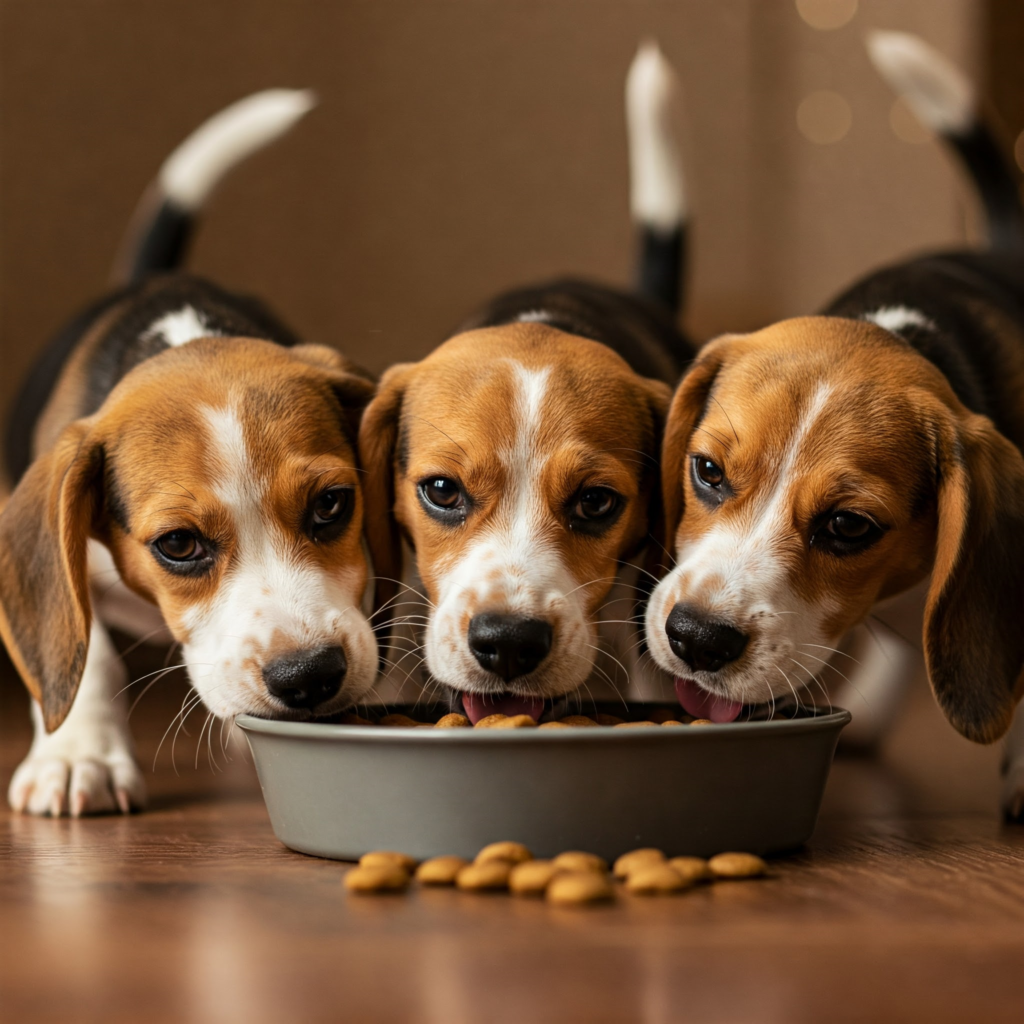 beagle 3 puppies eating beagle dogs for sale