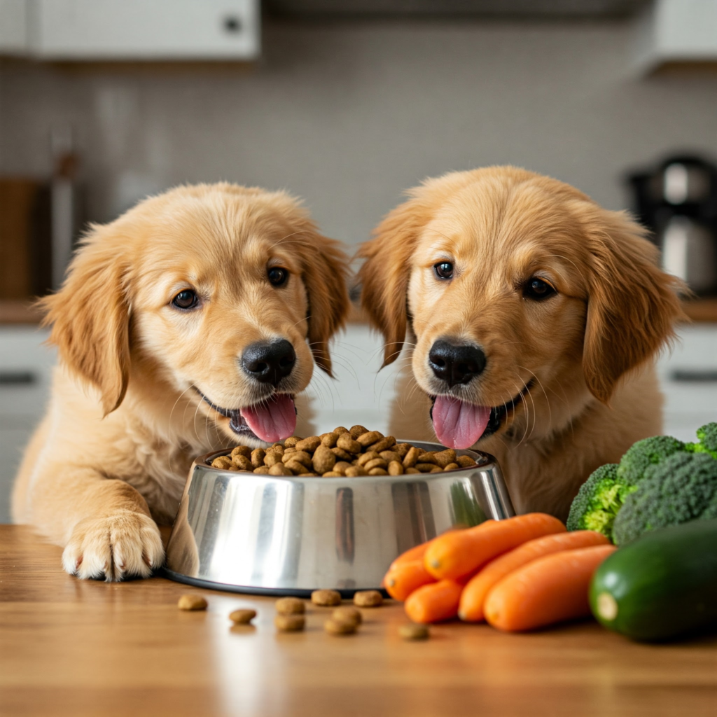 puppies eating healthy food