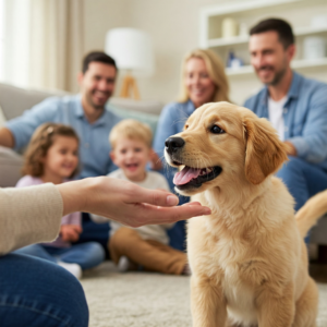 socicializing with a goden retriver puppies